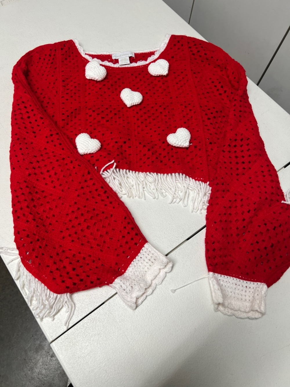 House of Harlow 1960 Red Cropped Heart Sweater with White Accents